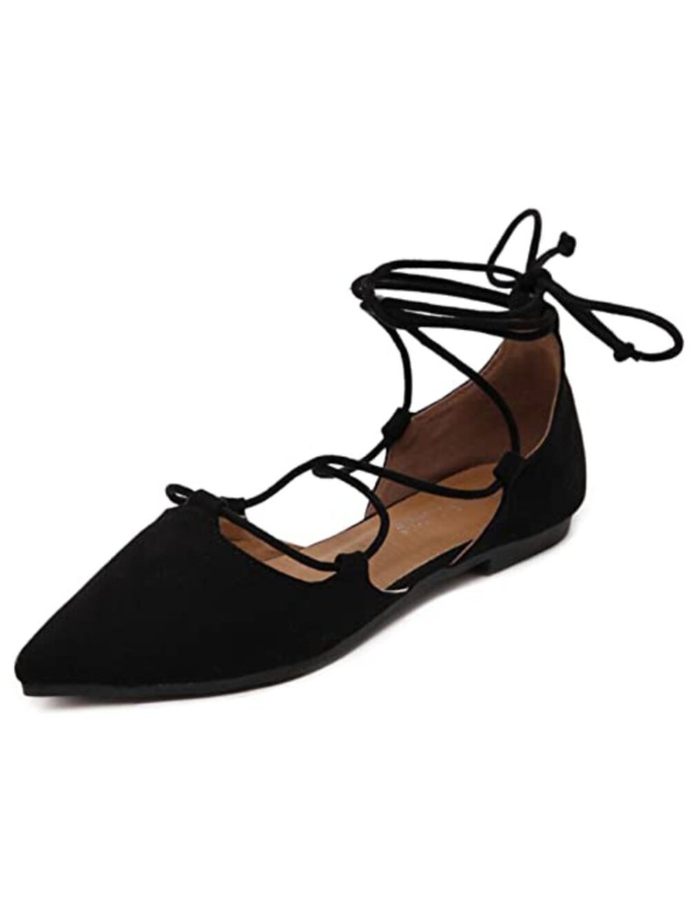 Women's Pointed Toe Ballet Flats with Ankle Strap Lace-up Faux Suede